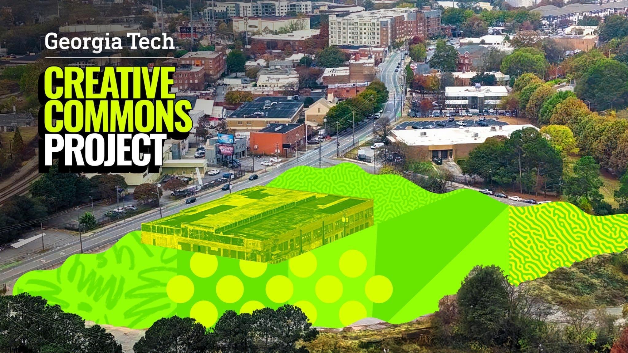Aerial view of the seven-acre site along Marietta Street, with the parcel and its warehouse shaded in green.