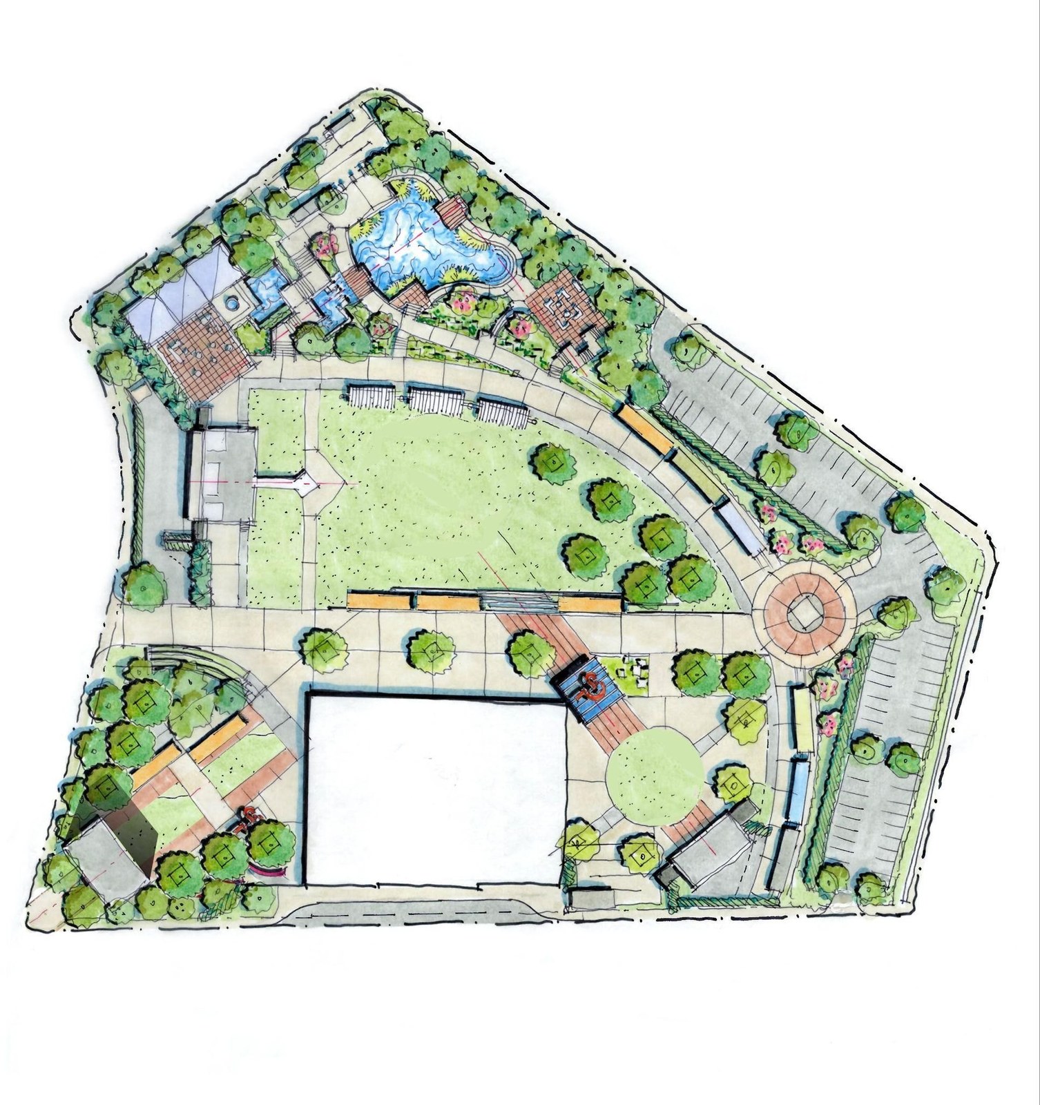 Hand-drawn site plan of the Creative Quarter showing a turf field ringed by walkways, a container park, pavilion, and art installations across the seven-acre parcel.