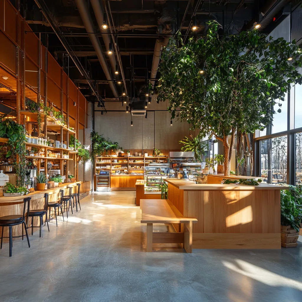 Interior of the Gateway — warm wood counters, hanging plants, and floor-to-ceiling windows.