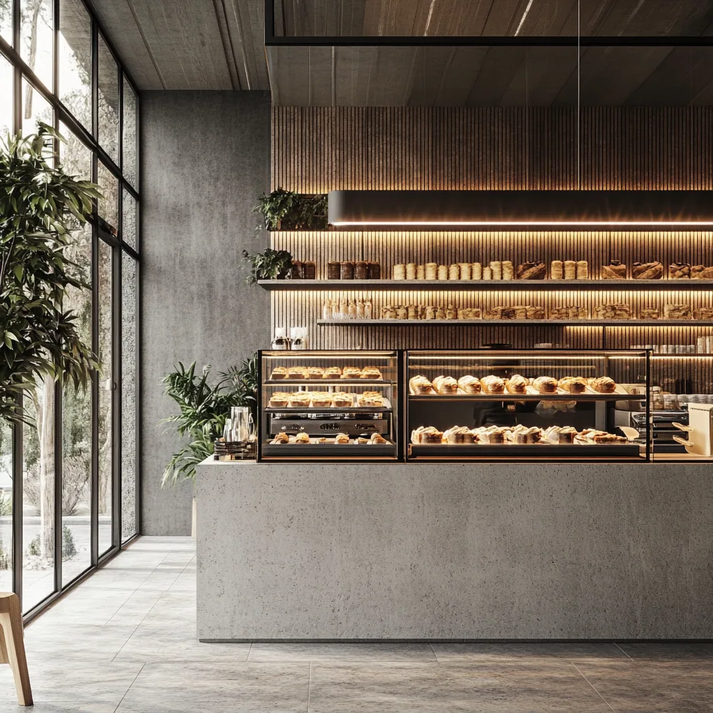 Coffee and bakery counter with pastry display cases and a concrete island.