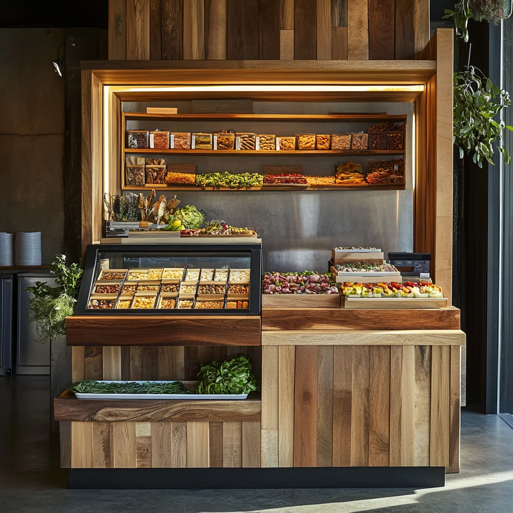 Boutique market display — wooden island with charcuterie boards, spices, and local goods.