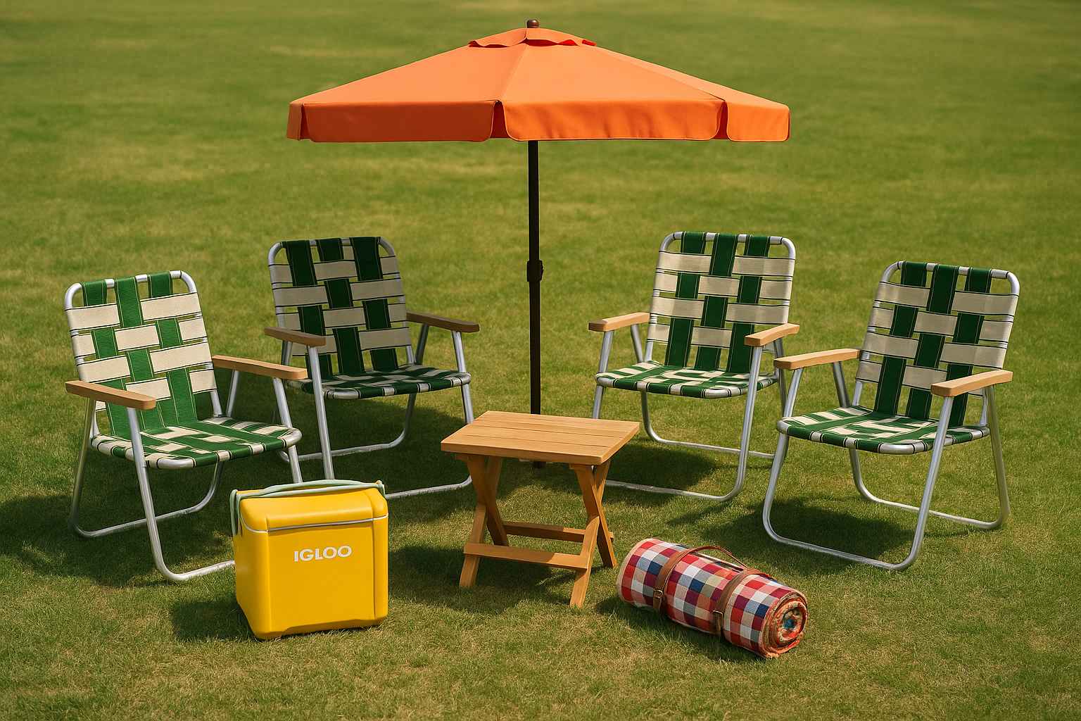 Picnic essentials laid out on grass — folding chairs, an orange umbrella, a wooden table, an Igloo cooler, and a checkered blanket.