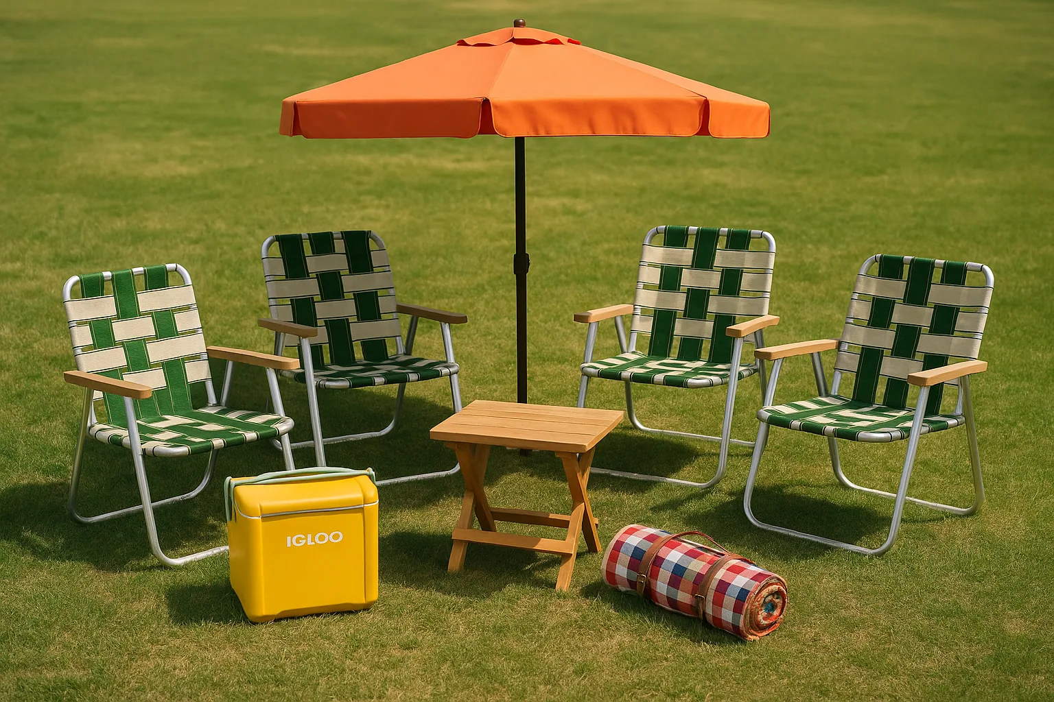 Picnic essentials laid out on grass — folding chairs, an orange umbrella, a wooden table, an Igloo cooler, and a checkered blanket.