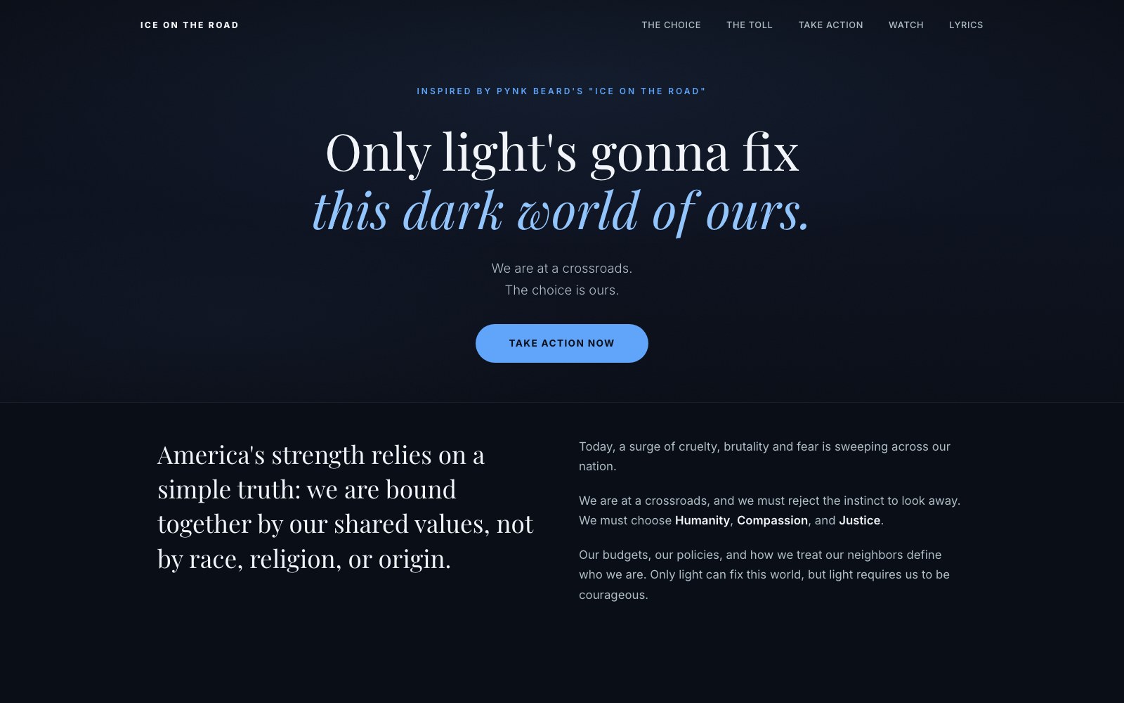 The Ice on the Road homepage, dark navy with a large serif headline and a Take Action Now button.
